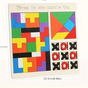 3 in 1 Wooden Puzzle Board Set (Tetris, Tangram and Tic Tac Toe)