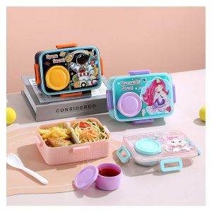 Colourful Cartoon Sealed Plastic Lunch Box 600ml+80ml Sauce Cup (2644)