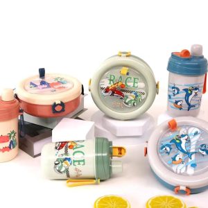 Kids School Set Plastic Water Bottle with Round Lunch Box