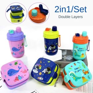 Kids School Set Plastic Water Bottle with Double-Decker Lunch Box